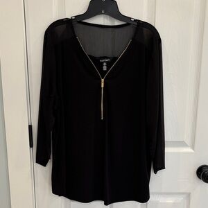 Black Blouse 3/4 Sheer Sleeves & Shoulders With Gold Zipper